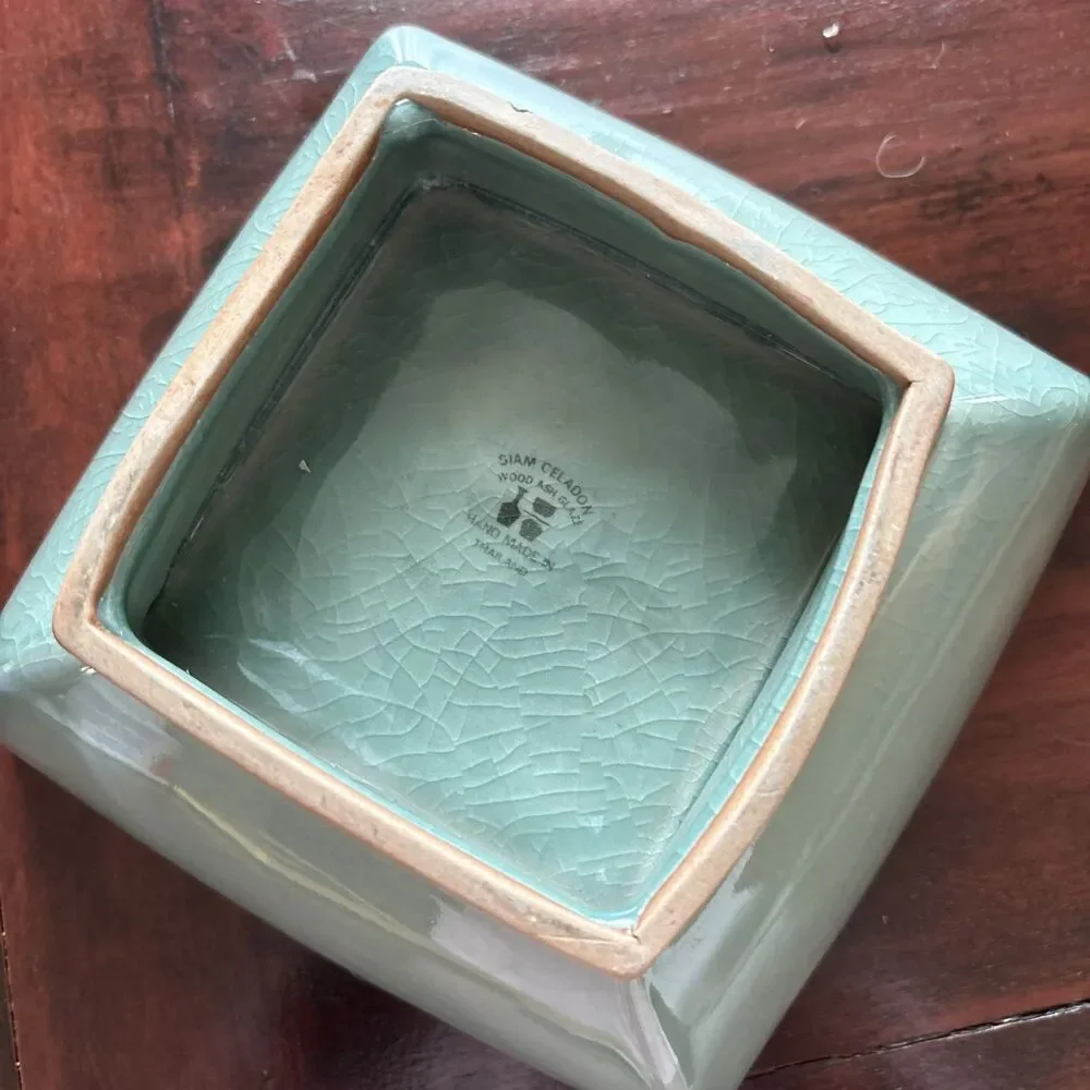 Siam Celadon Square Ceramic Serving Bowl, Floral Design, Footed